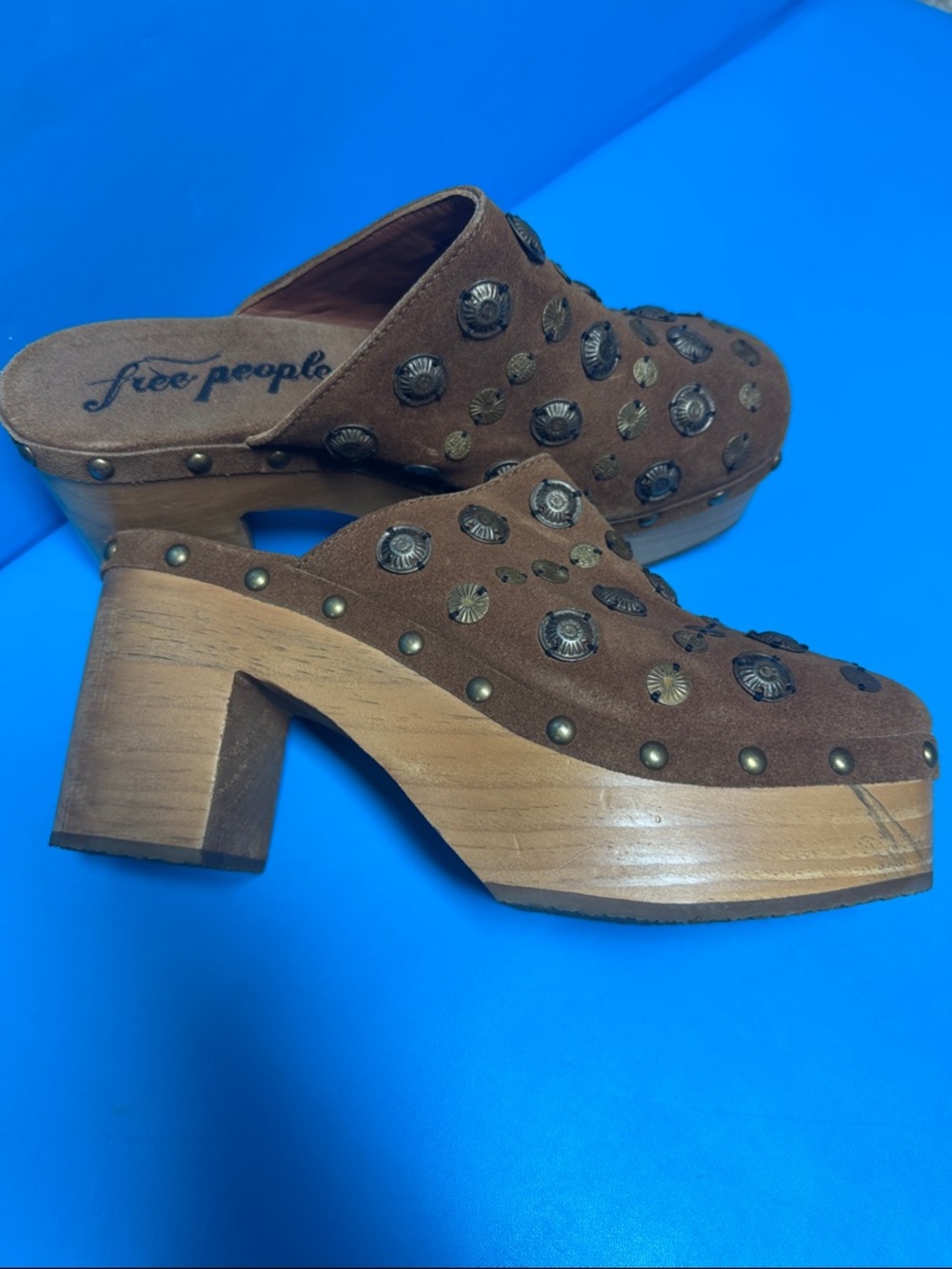 Free People Brown Suede Studded Wooden Clogs